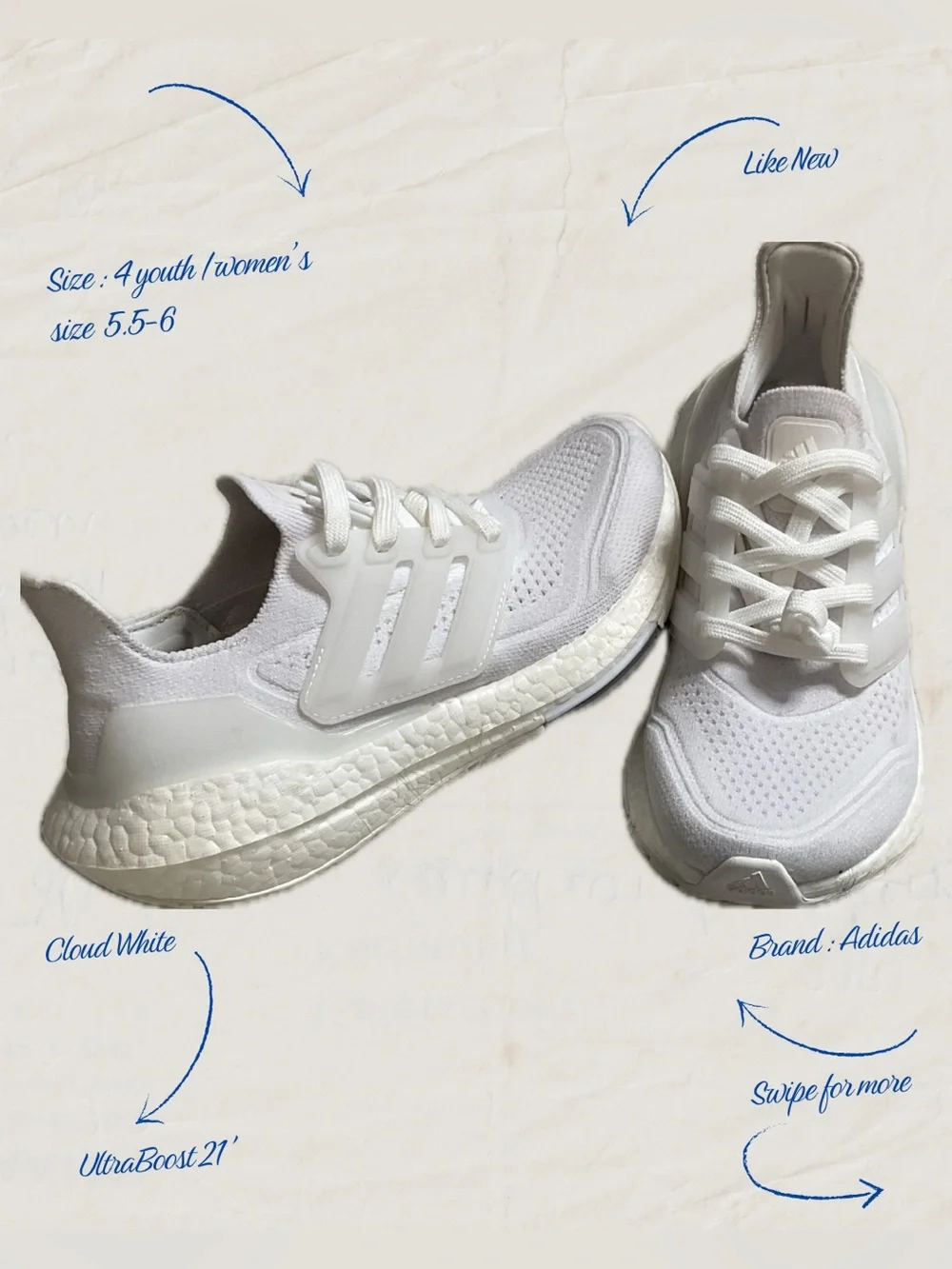 Adidas Ultraboost 21 Running Shoes Triple White Size 4 Youth